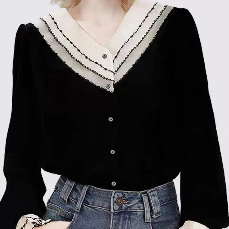 

Faionable Chic Women's irt Spring 2024 Velvet Long Sve Bell Sve Polyester Blend Color Blo Ruffle Design irt