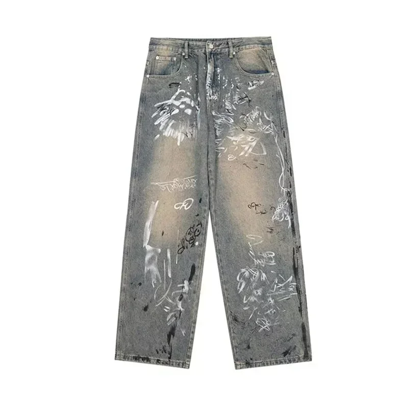 Autumn Men's Graffiti Printed Baggy Jeans Y2K Vintage Distressed Blue Harajuku Denim Pants High Street Straight Jean Trousers