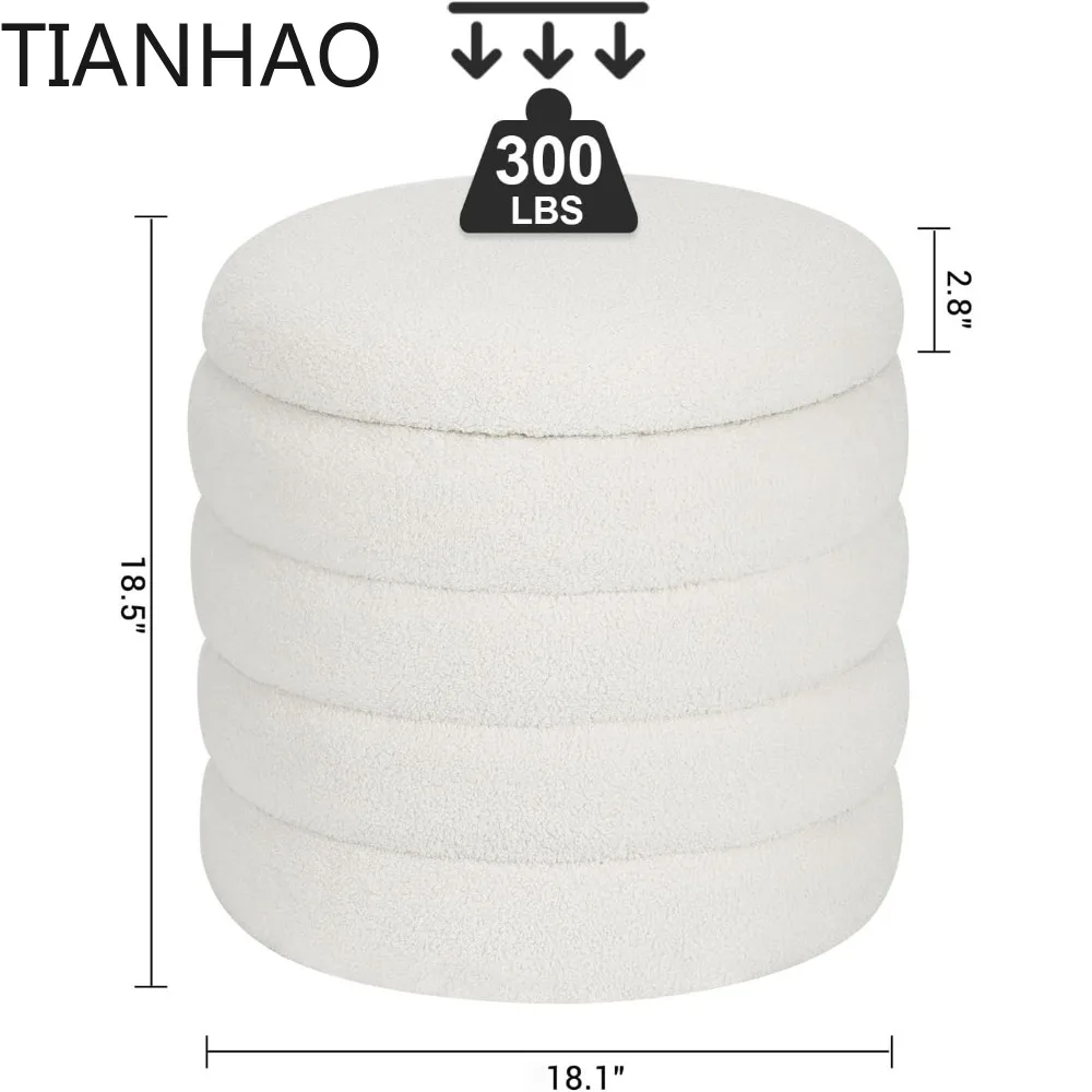 Round Ottoman with Storage, Modern Upholstered Vanity Stool Foot Rest, Small White Boucle Storage Ottoman