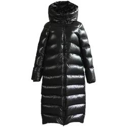 Fashion Hot Sale Down Jacket Women's Long Over The Knee Thin Winter New Version Thick Bright Face Super Long Hooded Coat Warm