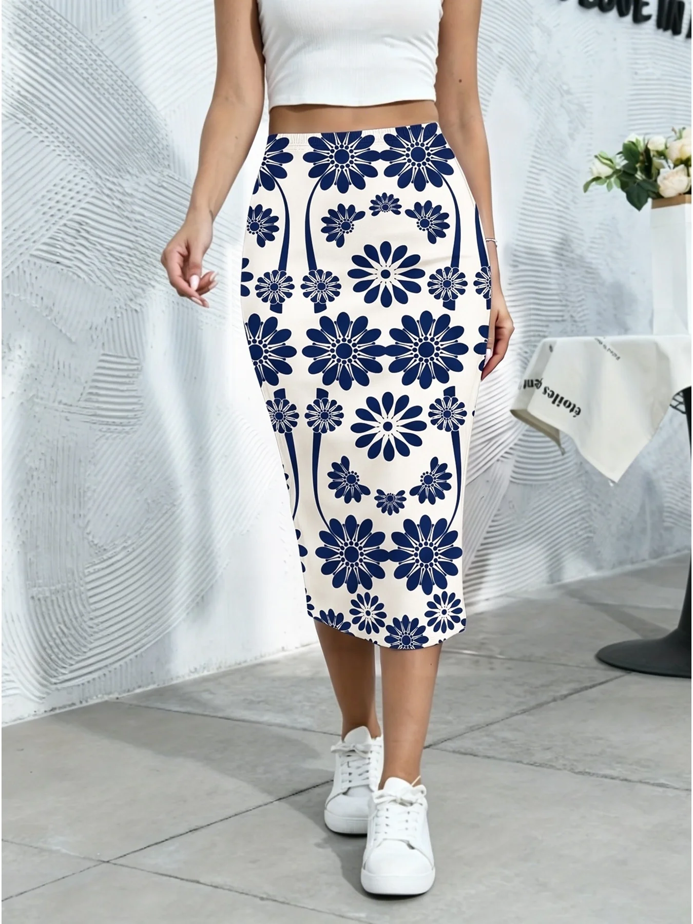 Women Blue White Floral Print High Waist Midi Skirt A Line Flowy Casual Elegant Party Summer Streetwear Trendy Aesthetic Fashion