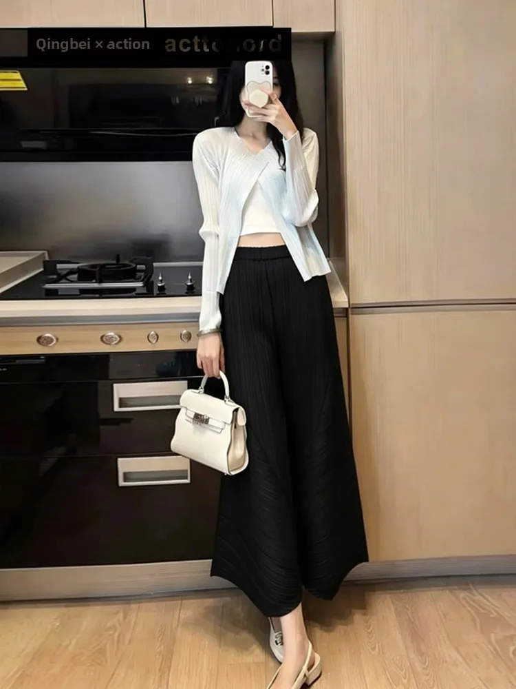 

Qingbei Women's Folded Short Outerwear Top White Sun Protection Pants Wide Leg Pants Set Spring Fashion Outerwear Set