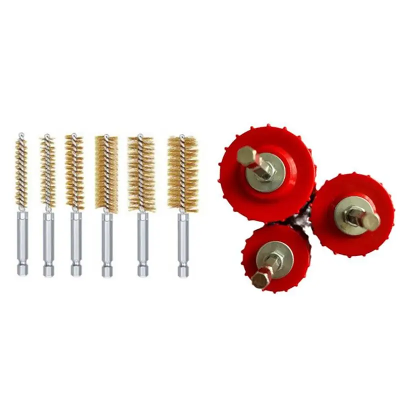 AEE2-9 Piece 1/2 Inch 3/4 Inch 1 Inch Copper Pipe Cleaner For Power Drill, Tube Cleaning Brush,With Copper Wire Bore Brushes