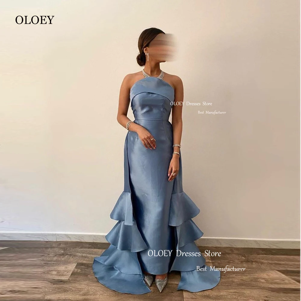 

OLOEY Saudi Arabic Women Mermaid Dusty Blue Evening Dresses Strapless Tiered Ruffles Corset Long Prom Gowns Formal Party Dress