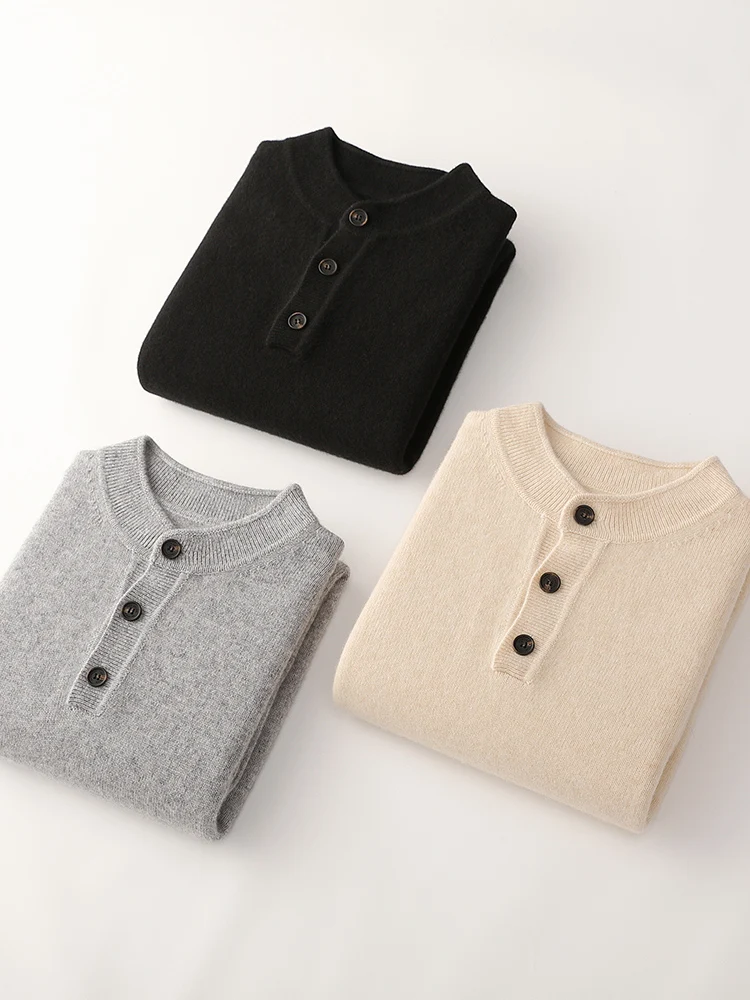 High Quality Smart Casual Everyday Clothes Men's Thick Pullover Autumn Winter Button Knitted Sweater 100% Merino Wool Warm Tops
