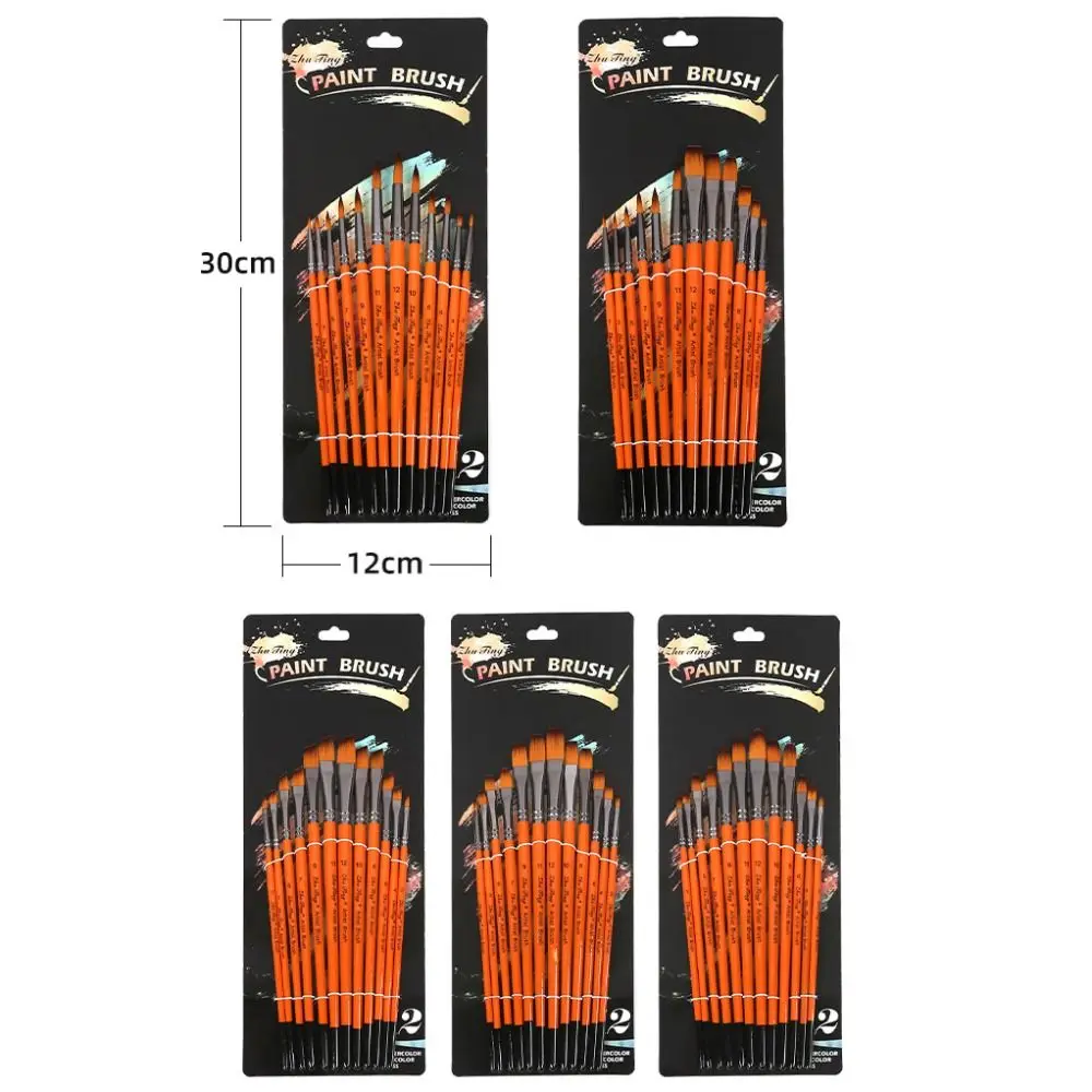 12pcs/set Multifunctional Painting Brush Set Nylon Professional Watercolor Drawing Brushes Orange Wooden Handle