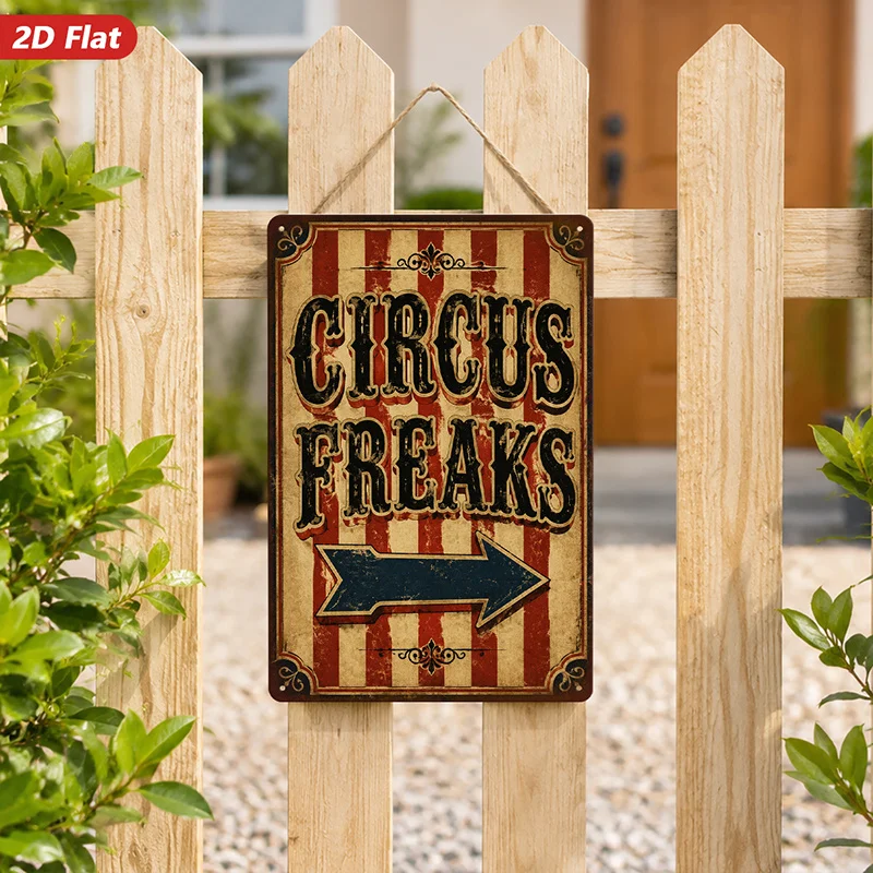 2D Flat, 1pc Circus Freaks Metal Sign Wall Art, Red Striped Backdrop, Blue Arrow, Home Decor, Weathered Retro Style, Aged Look,
