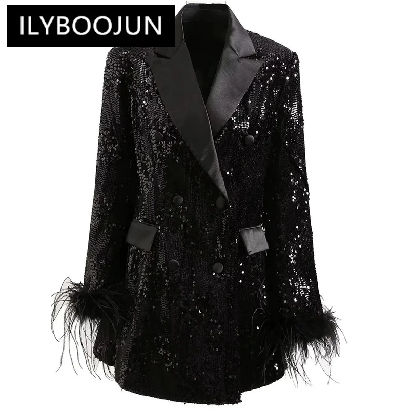 

ILYBOOJUN Fashion Designer Early Autumn Jacket Women Feather Long sleeve Double breasted Luxurious Sequins Club Jacket