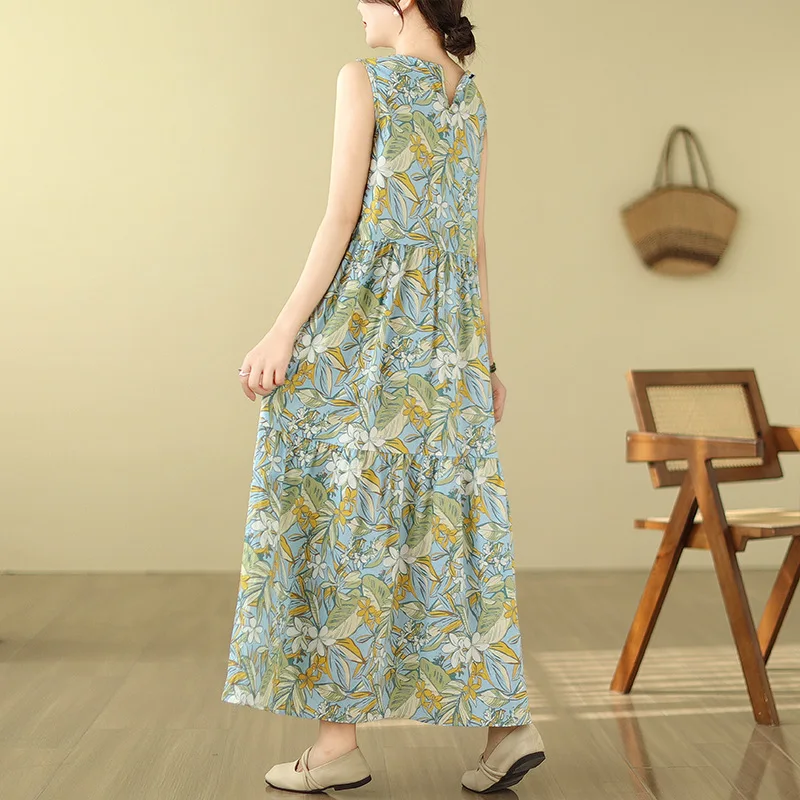 Elegante blumen druck Casual Lose Ärmellose Maxi Kleider Sommer frauen Kleid Dünne Hohe Taille Oansatz Mode Kleid Frau