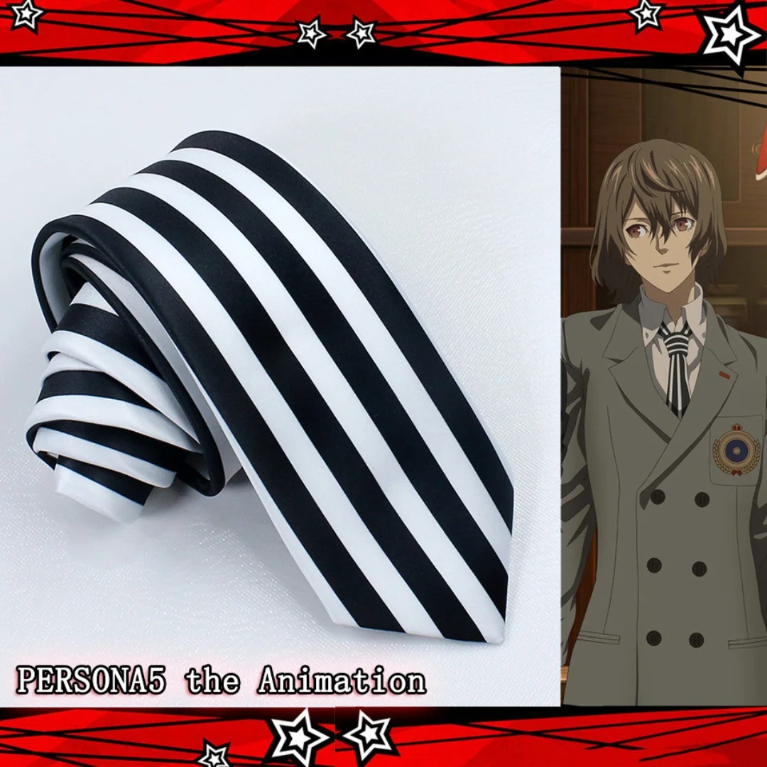 Japanese Anime Akechi Goro Cosplay Tie Black and White Vertical Stripes Narrow Necktie Magic Performance Costume Accessories Unisex