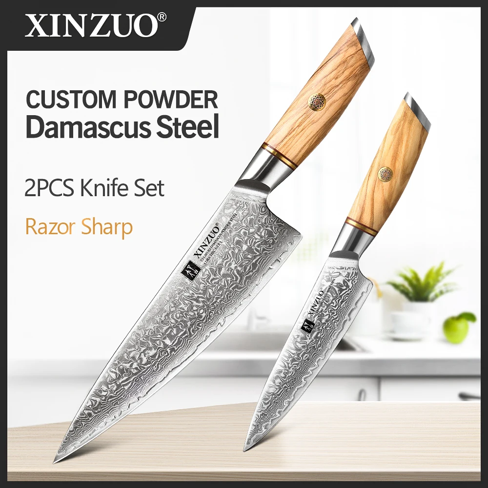 

XINZUO 2PCS Knife Set Power Damascus Power Steel Professional Chef Utility Kitchen Knives Meat Tools Olive Handle