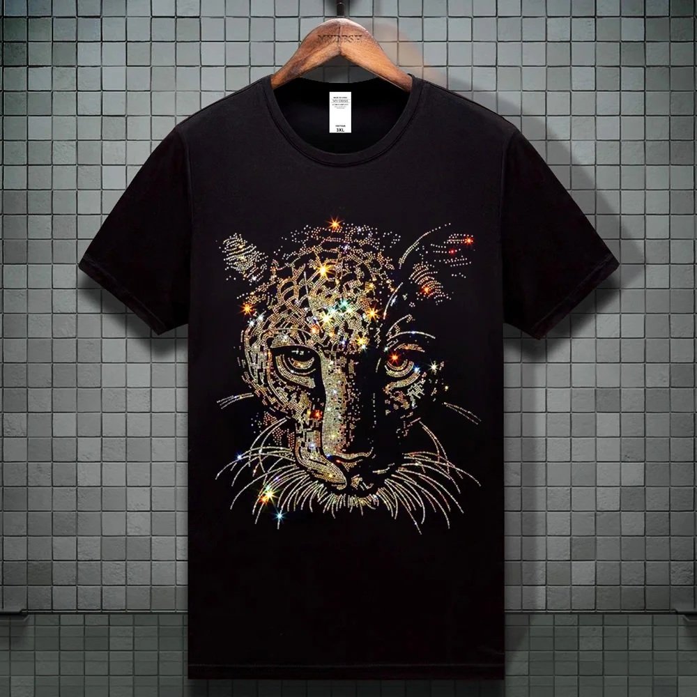 Grande taille été strass léopard t-shirt hommes coton Panthera à manches courtes T-shirts occasionnels mode Busines col rond t-shirt hauts