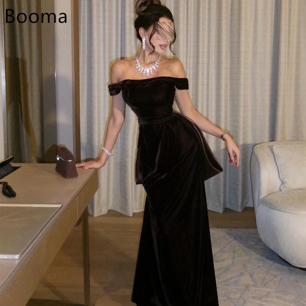 

Booma Elegant Velvet Mermaid Off The Shoulder Black Dresses Formal Party Gowns for Women Bow Simple Prom Gown Customize