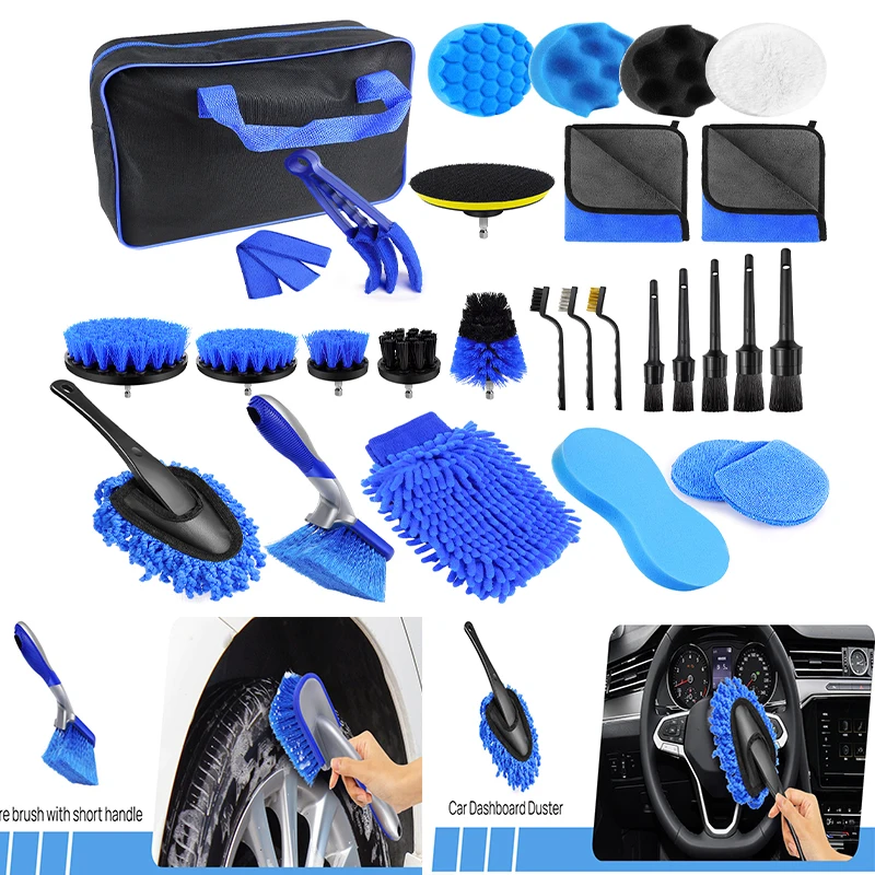 29 pièces Kit Nettoyage Voiture: Roues, Intérieur, Cuir, Tableau de Bord, Ventilation, Outils de Détail & Entretien Auto - Nettoyant Complet