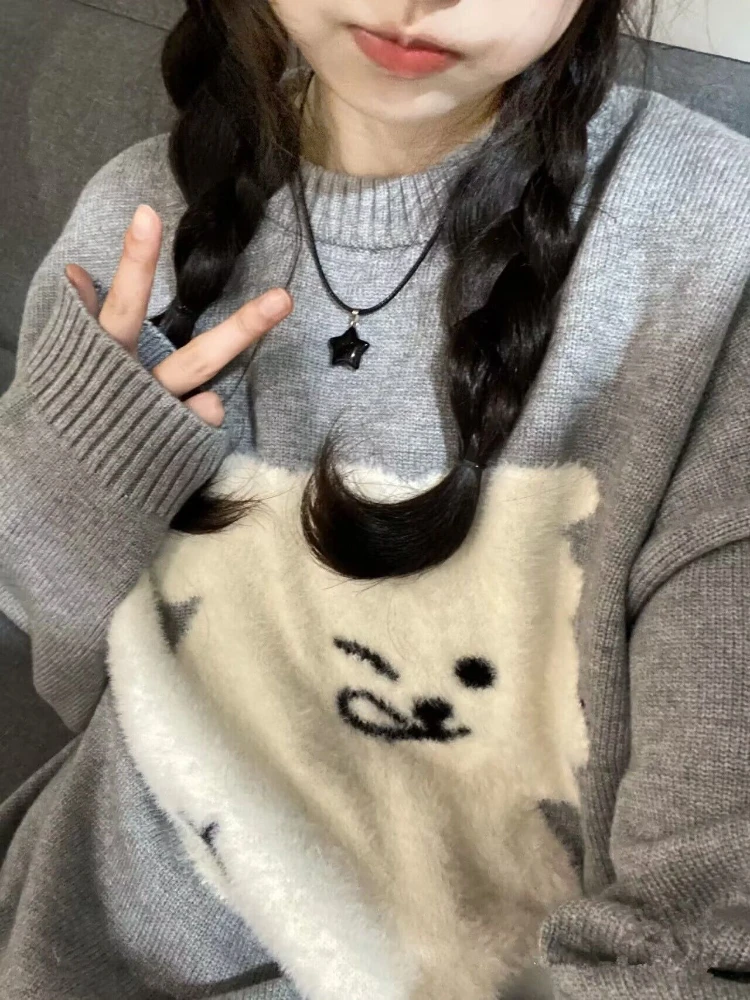 Japanese Grunge Kawaii Cute Flocking Dog Sweaters Women Y2k Aesthetic Casual Loose Jumpers 2024 Autumn New Gentle Gray Pullovers