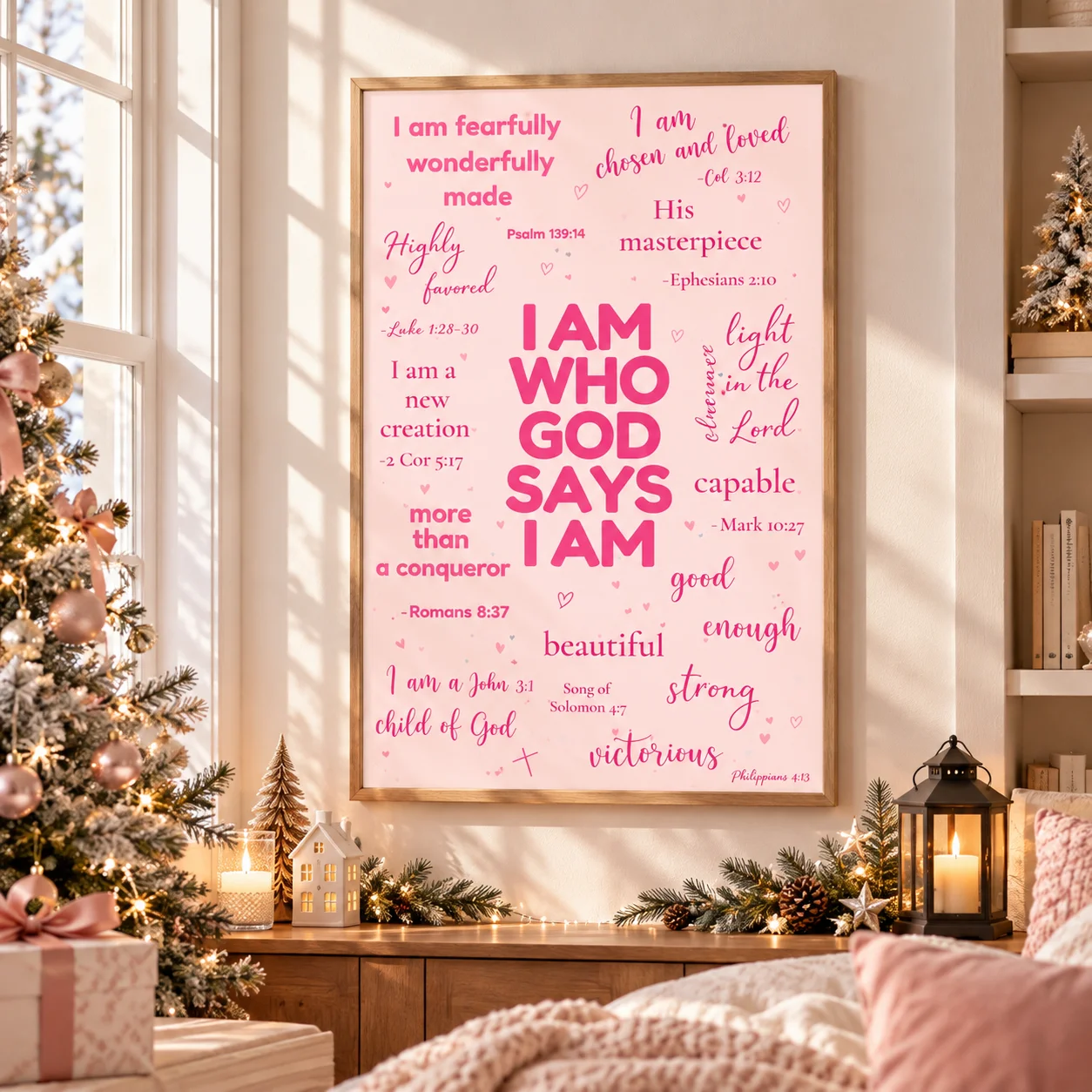 Pink Christian Wall Art Poster, Inspirational Bible Scripture Quotes, Religious Affirmation Canvas Painting, Girls Bedroom Decor