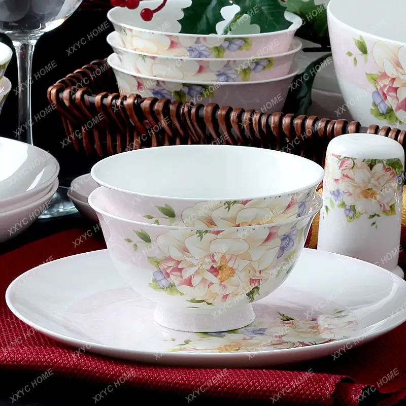 Bowl Dish Set Bone China Tableware Suit 28-Head Household Ceramic Chinese Tableware Plate Spoon Dish