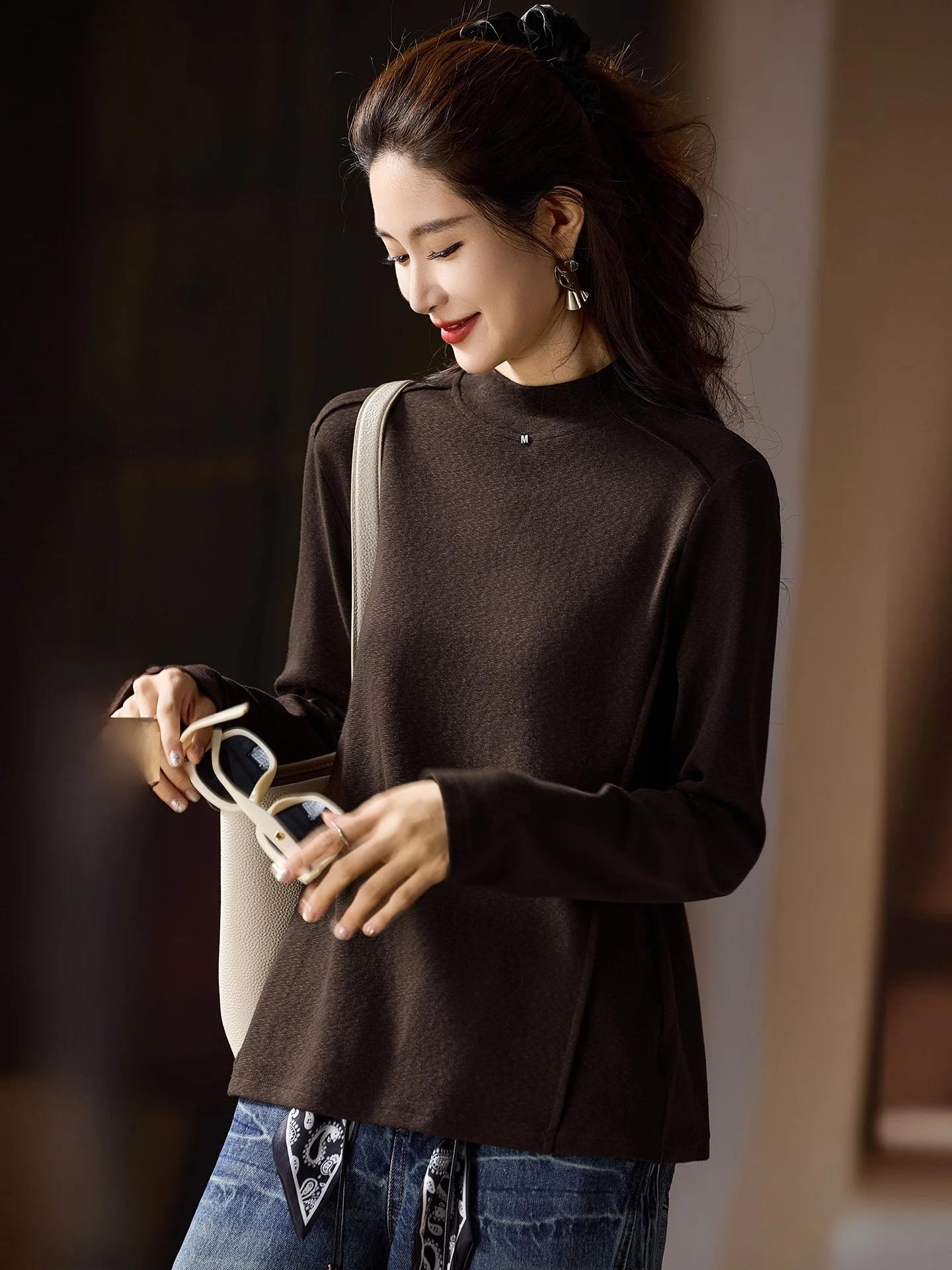 

Street Sle Knitted Long Sve Women's T-irt Elastic Loose Fit Polyester Cotton Spandex Casual round Ne Top for Spring