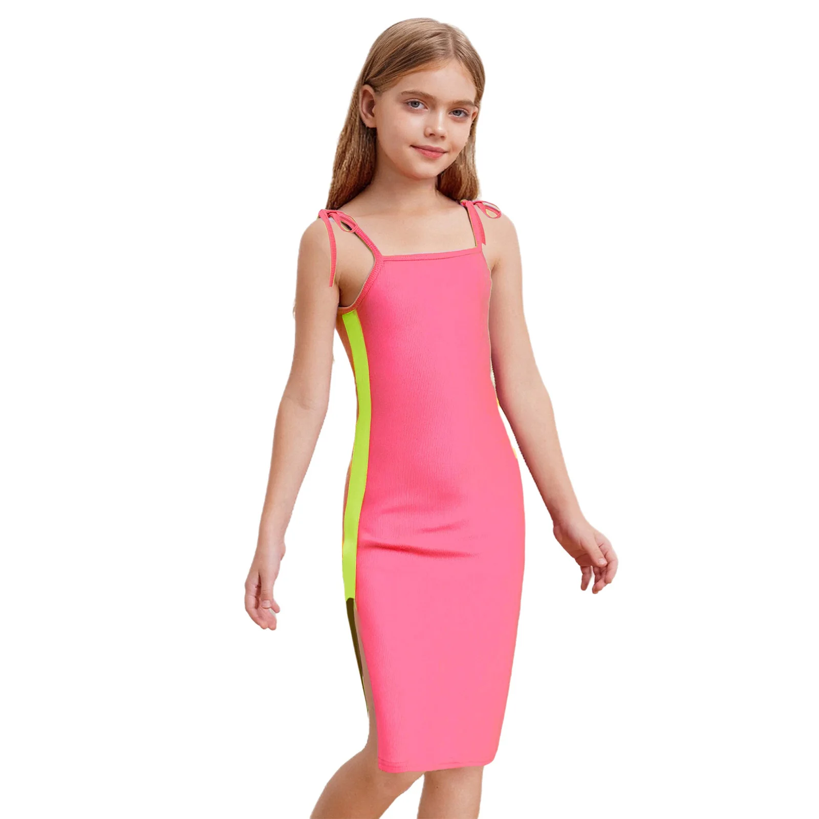 

Kids Girls Dress 2025 Summer Bohemia Lace-Up Spaghetti Straps Sleeveless Sides Slit Ribbed Bodycon Dress for Vacation Beachwear