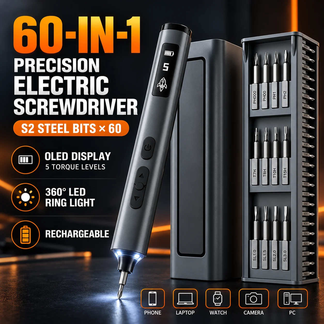 60-in-1 Electric Precision Screwdriver Set OLED Display 5 Torque Levels 60 S2 Steel Bits for Phone Laptop Watch PC Repair