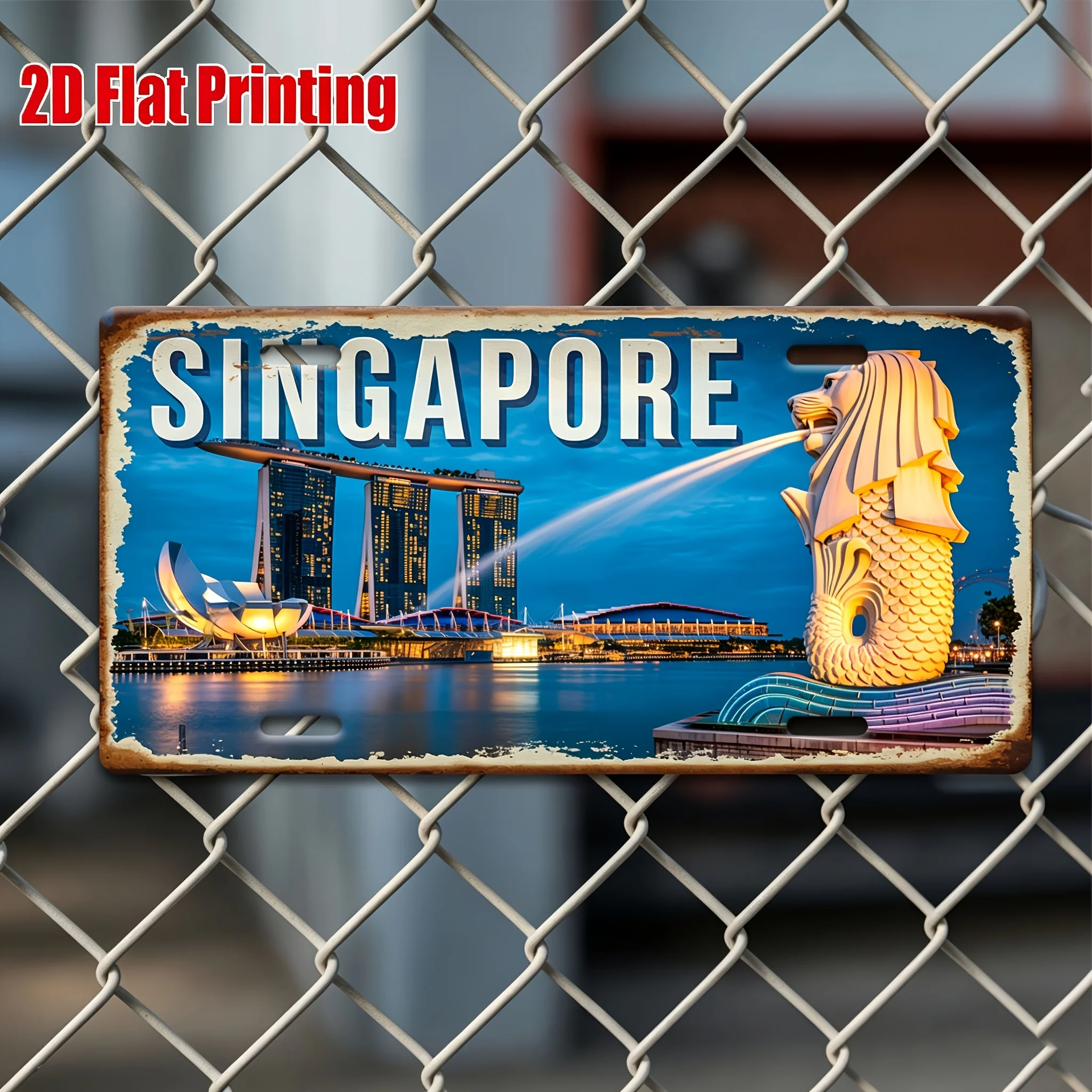 2D Flat Design, 2D Flat Printing, 1pc, Singapore Marina Bay And Merlion Landscape Metal Sign, for Decorative Purposes Solely, De