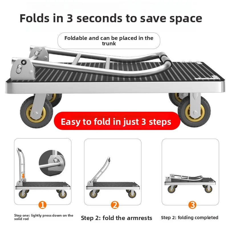 Un camion à plat tiré à la main chariot remorque pliant portable antidérapant plaque d'acier camion camion à quatre roues