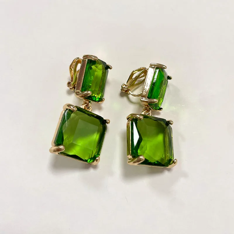 Vintage Luxury Green Crystal Ear Clip Bincos Fashion Transparent Square Glass Green Stone Clip on Earrings for Women No Piercing