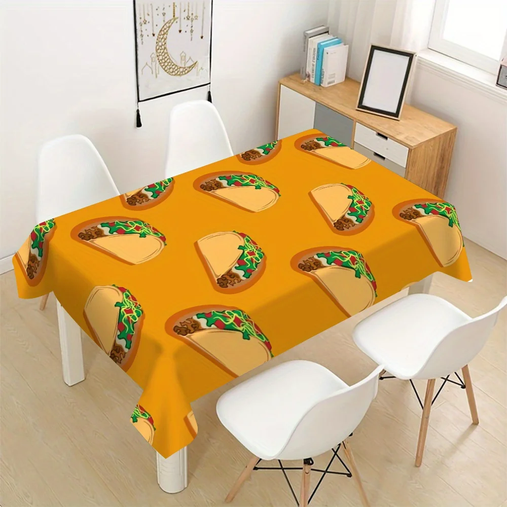 Mexican Taco Tablecloth, Orange Base Cartoon Taco Art Print, Anti-stain Table Cover for Dining Table & Family Party Decor