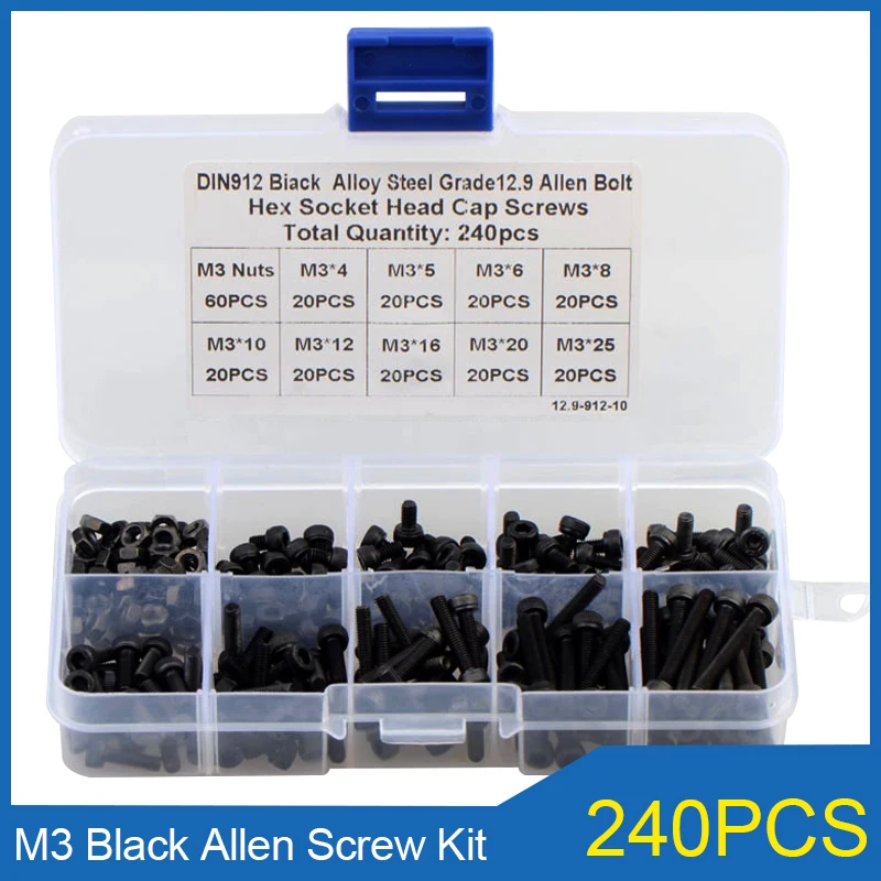 240pcs M3 Black High Strength Hexagon Hex Socket Cap Head Screw Kit 12.9 Grade Carbon Steel Allen Screw with Nut Combination Set