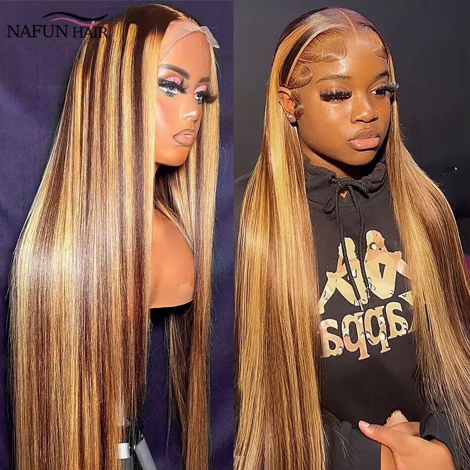 

Парик из натуральных бразильских волос P4/27 Highlight Bone Straight 13x4 с кружевной передней частью, омбре, медово-русый цвет, для женщин.