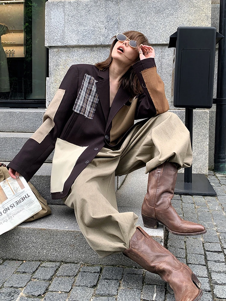 FANAN スプライシングコントラストカラーブレザー女性のためのシングルブレストファッションストリートジャケット女性コート 2025 秋の新潮