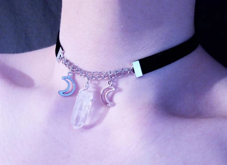 triple moon crystal point choker - nu goth - pastel goth - wiccan necklace - goth choker