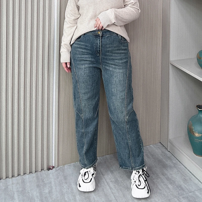 Women's Straight Leg Jeans, High Waist, Loose, Stretch, Casual Cigarette Pants, Plus Size, Spring, Autumn