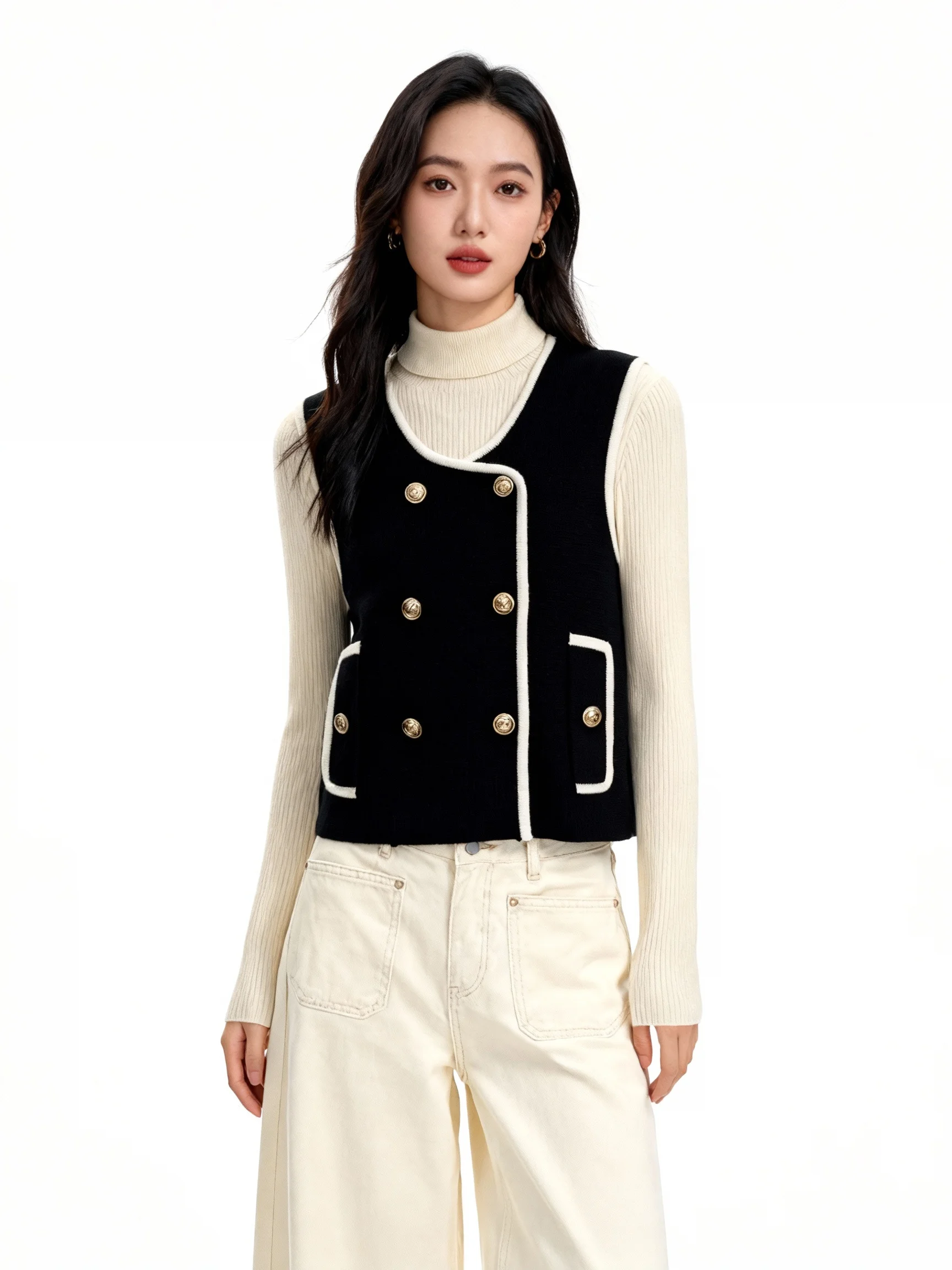 

High Quality 2025 Autumn Winter Fashion OL Contrast-Trim V-Neck Double-Breasted Metal Button Knit Vest Jacket for Women