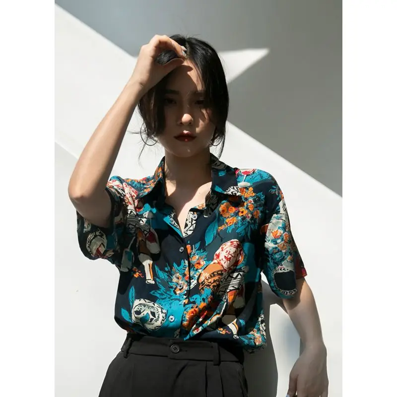 Summer Woman Clothes HongKong Retro Style Printing Loose Fashion Polo-neck Chic Thin Top Casual Trend Popularity Harajuku Button