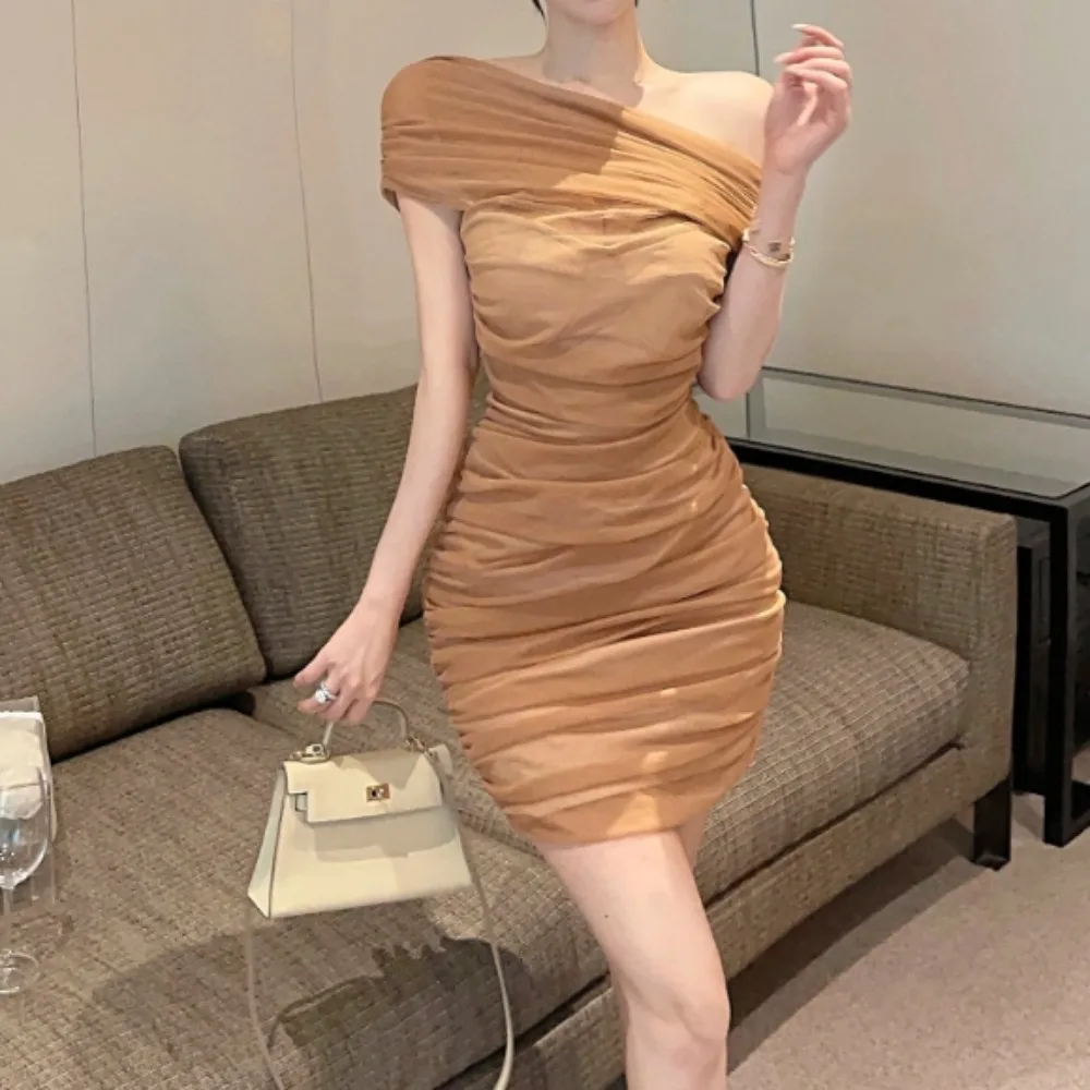 Women Chic  Diagonal Collar Sexy Off Shoulder Mesh Slim Dresses Vintage Fashion Vestido Elegant Summer Sweet Backless Clothing