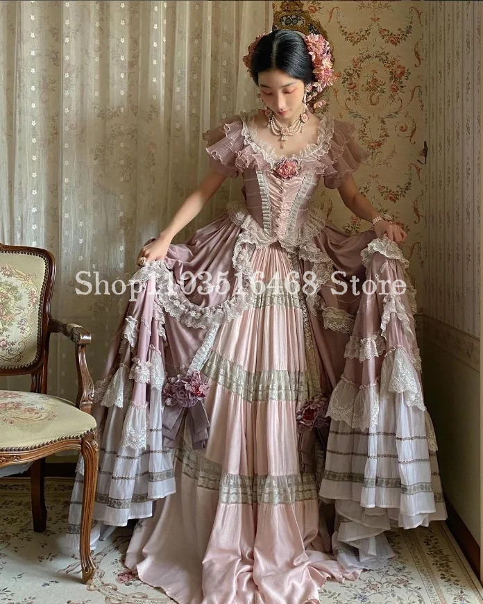 Lotus Pink Lolita Prom Dress Dreamy Fluffy Victorian Corset Laced Appliqué Lace Embroidered Fantasy Medieval Masquerade