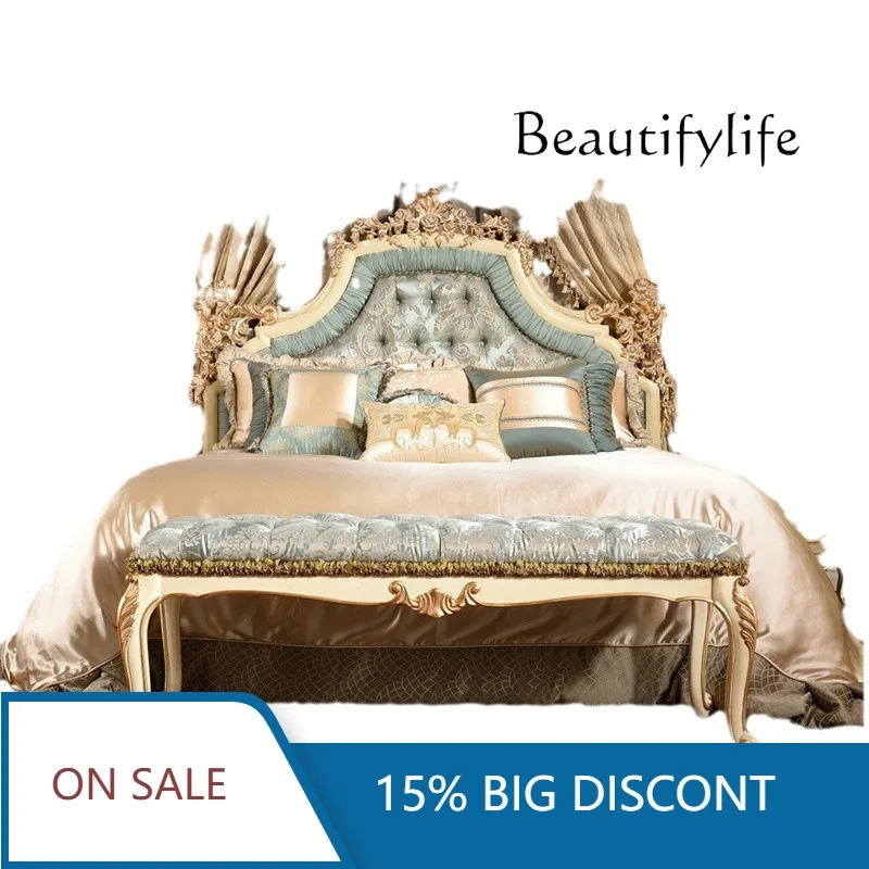 

European Bedroom Solid Wood Carving Flower 1.8 Meters Double Wedding Bed Luxury Fabric Retro Bed X