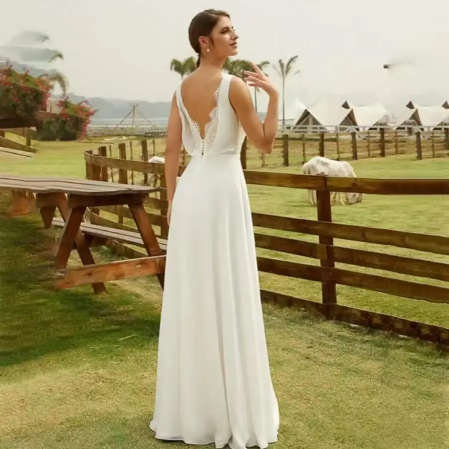 Custom A Line Bride Dress Lace Backless Bridal Summer Chiffon Wedding Dress Simple Gown Vestidos De Novia