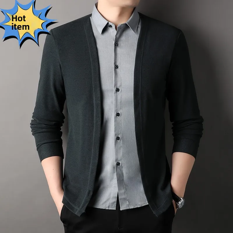 

Новая осенняя мужская трикотажная футболка с эффектом двухслойности, повседневная модная футболка с воротником, базовая модель для мужчин, верхняя одежда