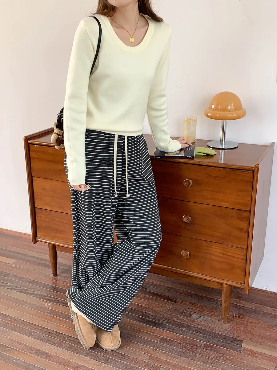 بنطال نسائي شتاء 2025 كاجوال عالي الخصر برباط من القطيفة واسع الساق فضفاض مناسب بنمط مريح #6