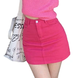 Women Summer Rose Red High Waisted Micro Mini Skirt Solid Color A-Line Sexy Package Hip Fitted Jeans Bottoms Dropship