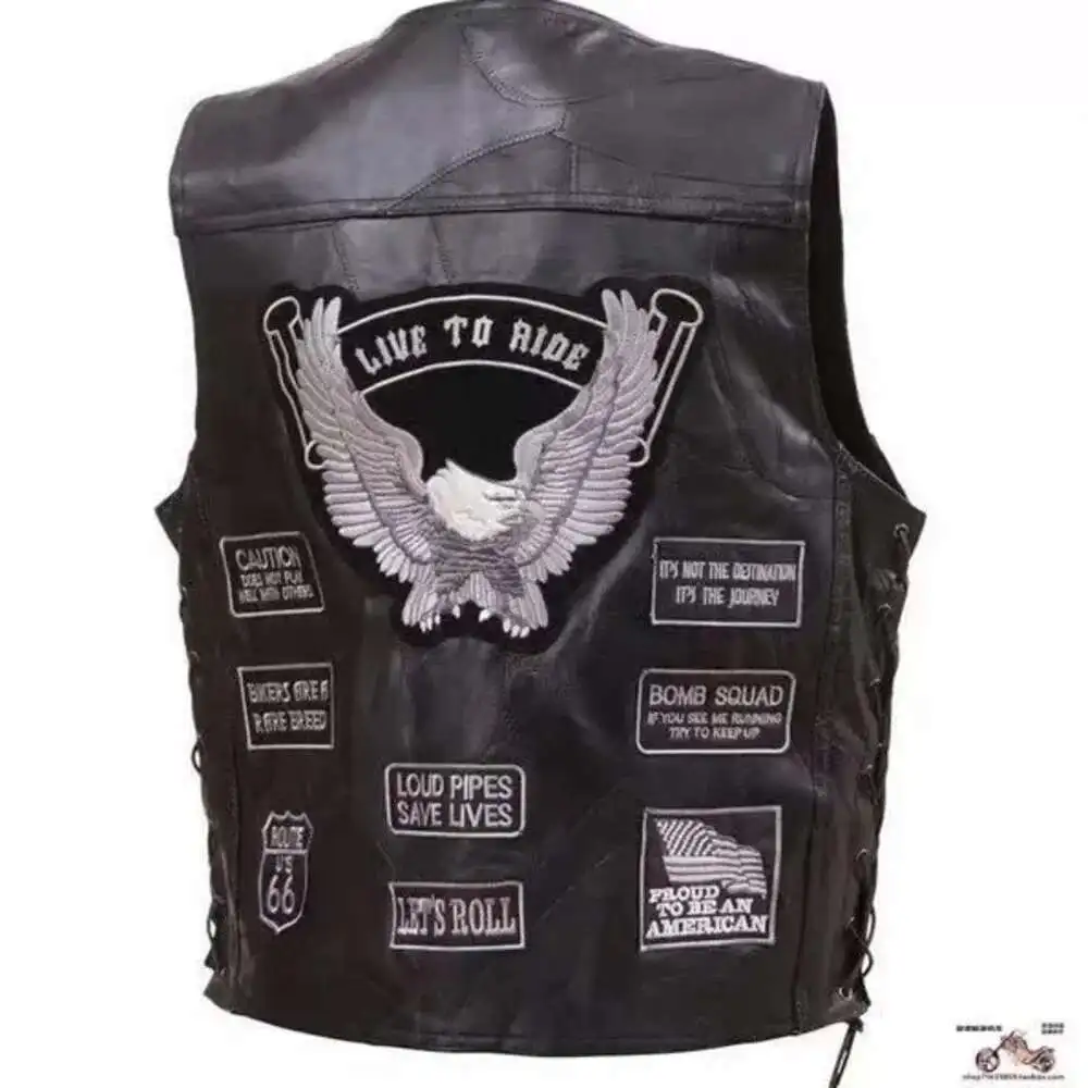 Motorcycle Style Harley Motorcycle Riding Vest Men\'s Leather Vest Shoulder PU Leather Dark Series Embroidered Badge Design