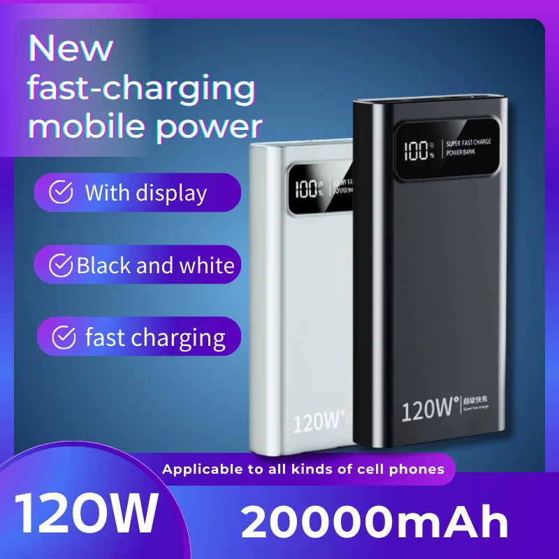 

20000mAh 120W PD Mobile Power with Digital Display Super Fast Charging for iPhone/Samsung/Xiaomi/Huawei ,High Capacity, Portable