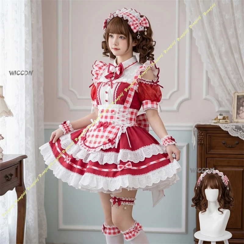 Red Heart Plaid Cat Maid Cosplay Anime Japanese Jirai Kei Gyaru Decora Styles Fashion Kawaii Dress Cute Lovely Sweet Lolita Cos