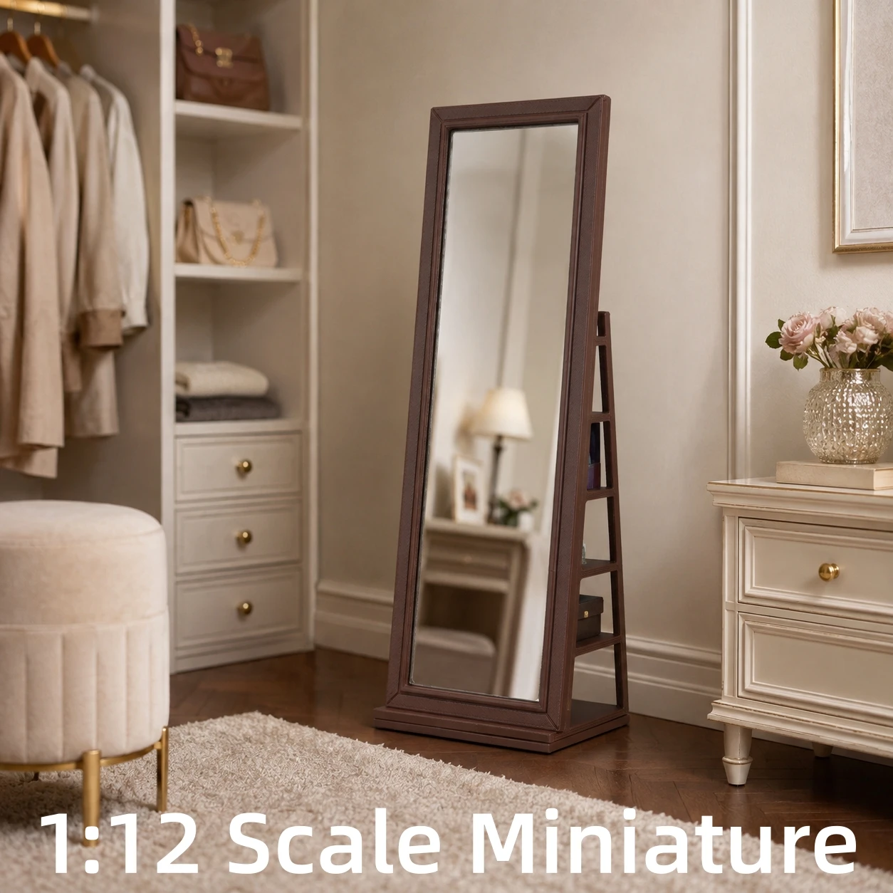 Dollhouse Furniture 1:12 Scale Miniature Full-Length Mirror, with Trapezoidal Shelf and Display Storage Function, 360-Degree Rotating Base Design, Modern Style Mini Mirror Furniture Suitable for Dollhouse Bedroom Decoration, Room Scene Setup, Collectible Ornaments, and Miniature Home Furnishings. Available in Two Colors, Suitable for Dollhouse Enthusiasts and Miniature Model Collectors.