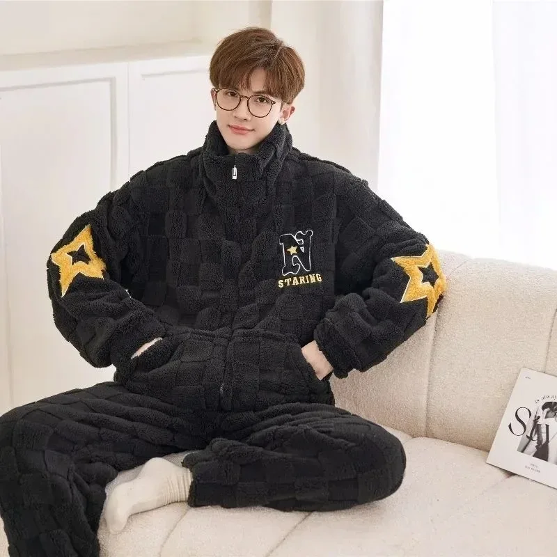 2026 New Flannel Pajamas Men Autumn Winter Zipper Sleepwear Warm Winter Plus Velvet Loungwear Padded Coral Velvet Homewear Suit
