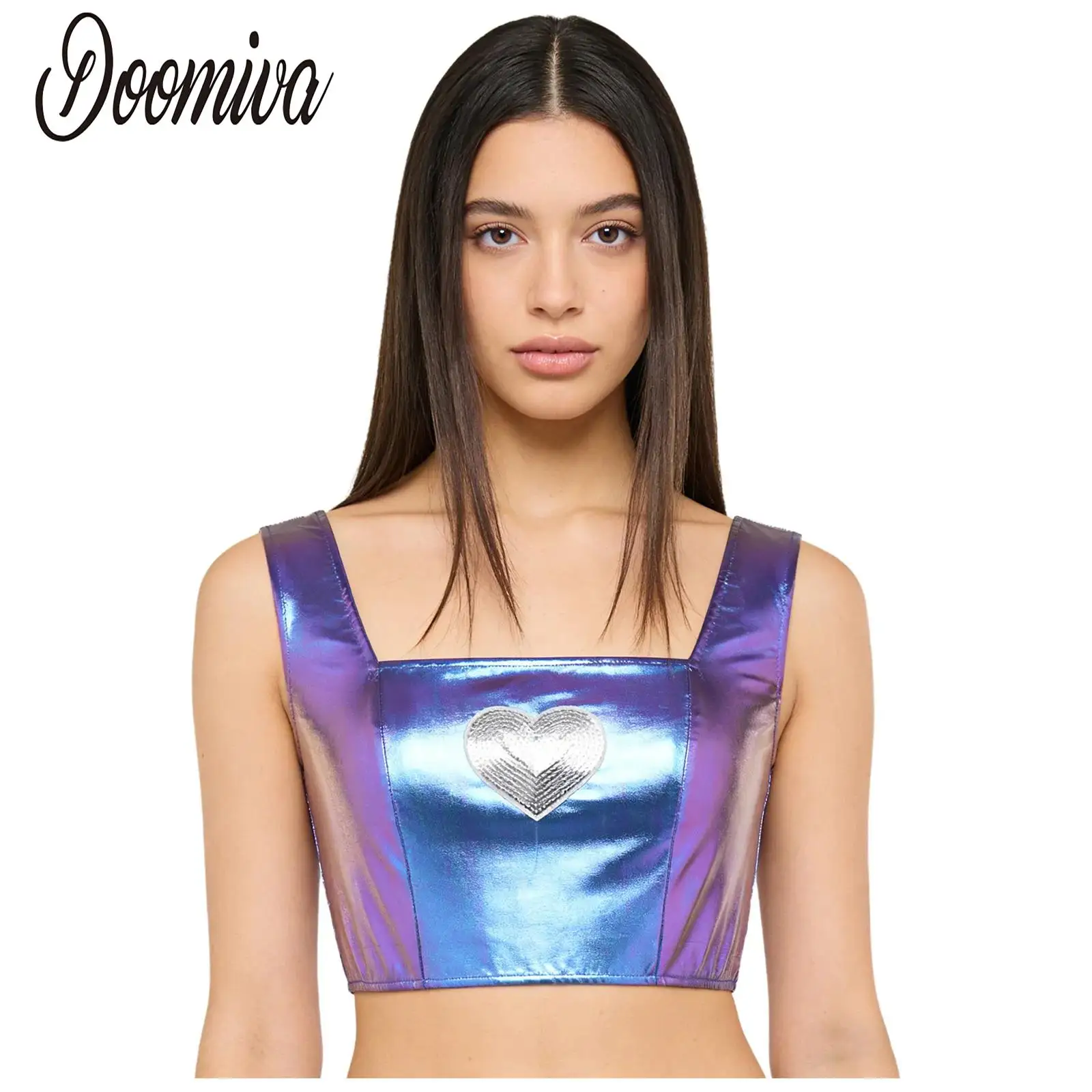 

Women Metallic Sequined Heart Cropped Top Shiny Rave Party Vest Square Neck Sleeveless Top for Street Modern Jazz Dance Clubwear