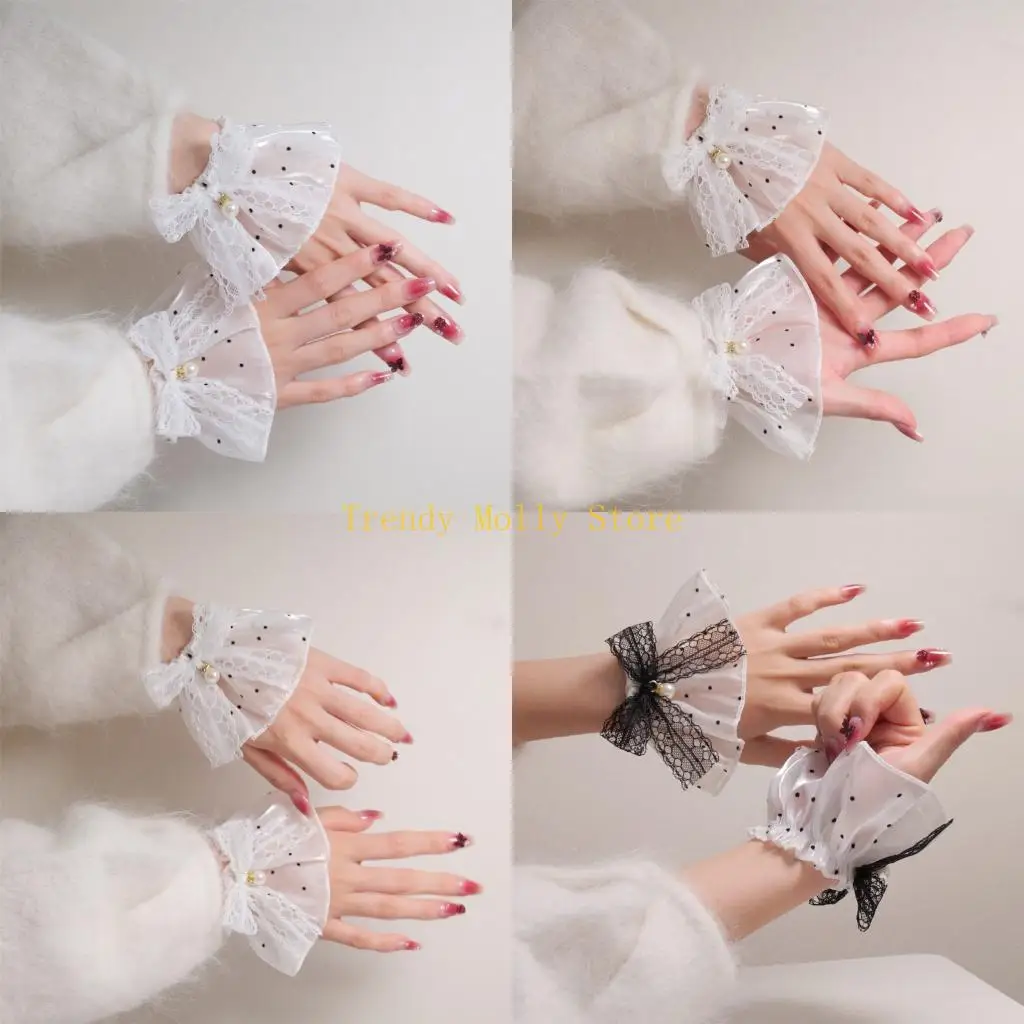 n5kb-レーストリム手首袖口人工真珠とリボンちょう結び付き偽袖