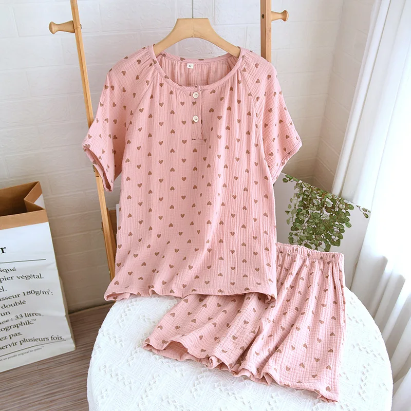 2024 Summer New Women\'s Pajamas Short Sleeve Shorts Set All Cotton Crepe Pullover Two Piece Loose Sweetheart Home Furnishing